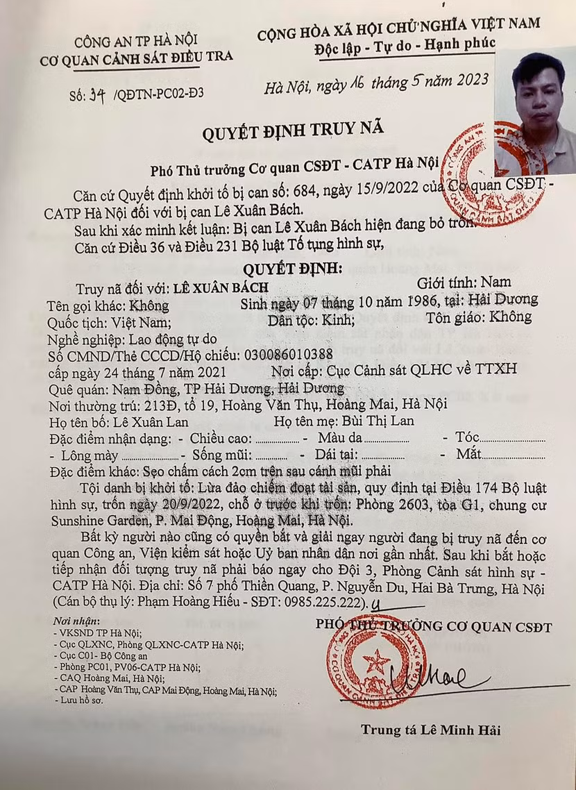 Lệnh truy nã Lê Xuân Bách của Cơ quan CSĐT CATP Hà Nội Lệnh truy nã Lê Xuân Bách của Cơ quan CSĐT CATP Hà Nội