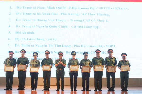Đại tá Lê Đức Hùng trao giấy khen của Giám đốc CATP cho các tập thể và cá nhân có thành tích xuất sắc trong công tác phòng chống tội phạm