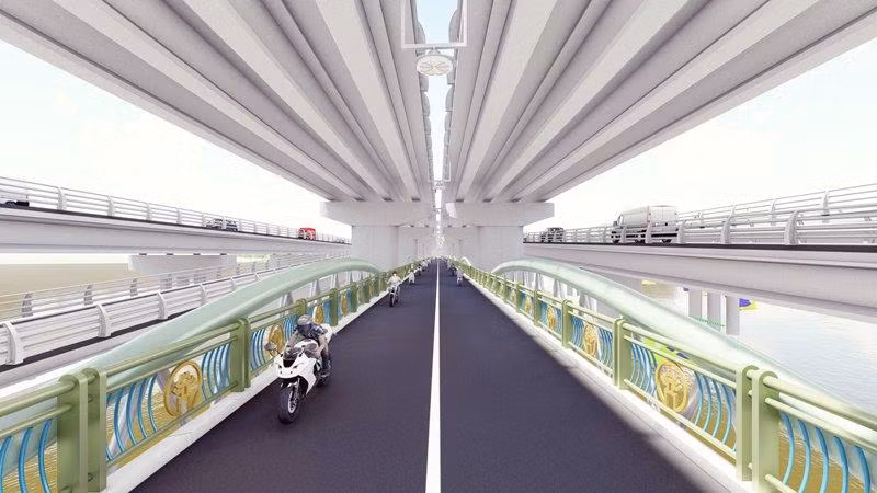 Cầu vòm thép dành cho xe máy qua hồ Linh Đàm là hạng mục bổ sung của dự án Vành đai 3 đi thấp qua hồ Linh Đàm